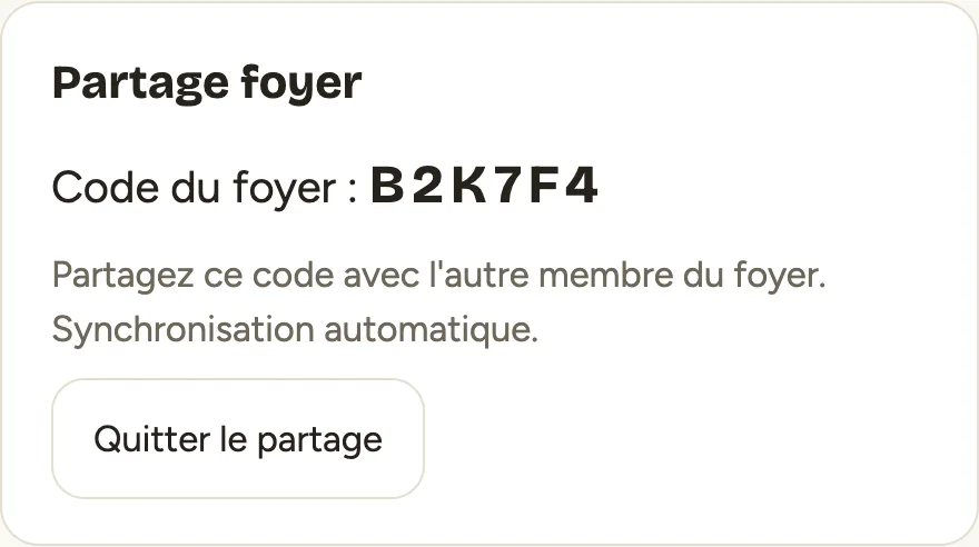 Partage foyer : un code à partager avec l'autre membre